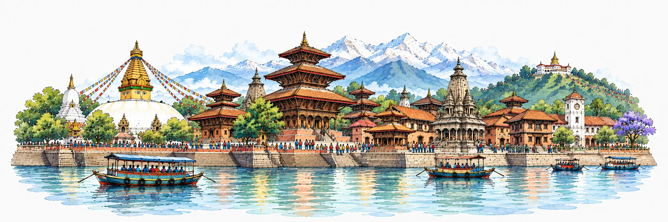 Panoramic watercolor of Nepali heritage — Boudhanath Stupa, Patan Durbar Square temples, Himalayan foothills and lakeside boats